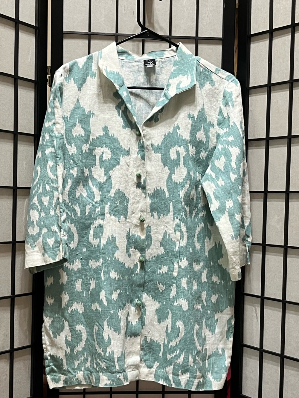 CONNIE ROBERSON TEAL & WHITE IKAT PRINT LINEN BUTTON DOWN SHIRT/TUNIC SIZE M - Picture 3 of 11